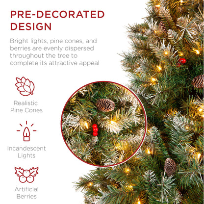 Best Choice Products Christmas Tree Pre-Lit, Pre-Decorated Artificial 6ft Frosted Pine Holiday Decoration w/Frosted Tips, Pine Cones, Berries