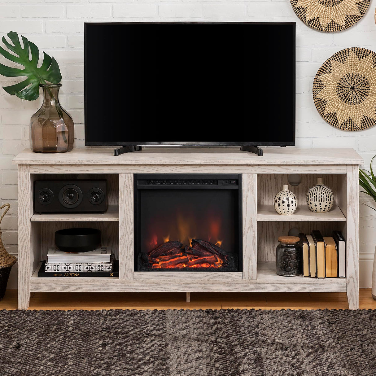 Walker Edison Wren Classic White Wash TV Console for 65 + Inch Television Fireplace Entertainment Center, 58 Inch Walker Edison