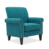 Domesis Kiara Traditional 34" Wide Upholstered Rolled Arm Living Room & Bedroom Accent Chair, Comfy Elegant Armchair with Pewter Nailheads, in Blue Tweed Domesis
