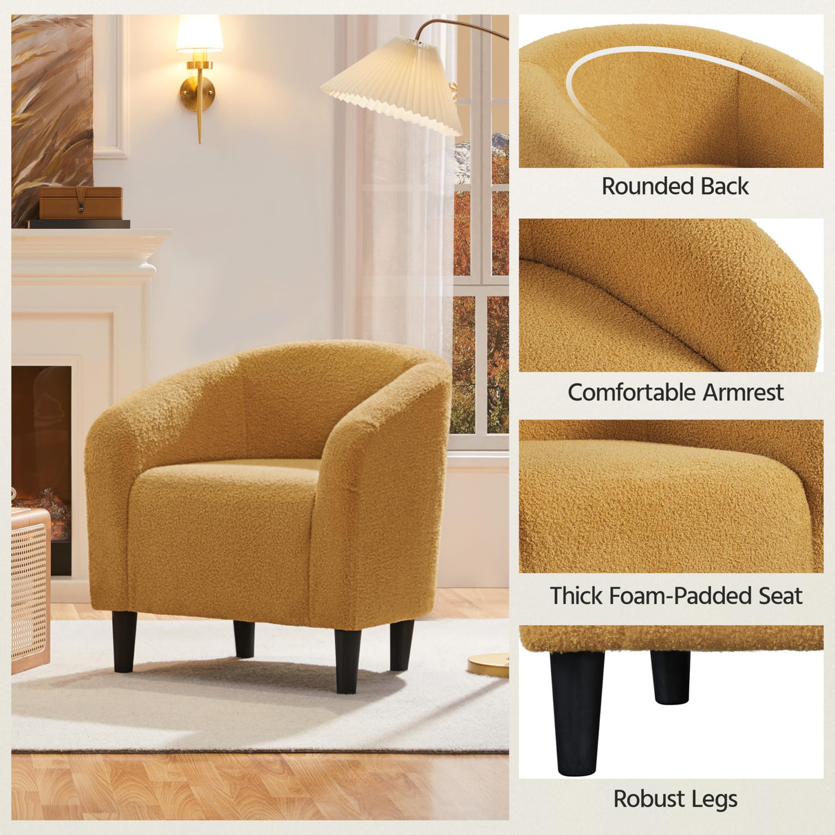 Yaheetech Accent Barrel Chair, Boucle Fabric Club Chair, Furry Sherpa Elegant and Cozy, Soft Padded Armchair for Living Room Bedroom Reception Room Office, Mustard Yellow Yaheetech