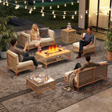 9-Piece Outdoor Patio Furniture Set with Large Fire Pit Table, Boho Wicker Outdoor Conversation Sectional Set & 60,000 BTU Rectangle Propane Fire Pit, Storage Box & Tempered Glass Coffee Table LYNSLIM