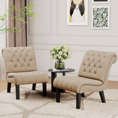 Alunaune Living Room Chairs Set of 2 Modern Accent Chair, Upholstered Tufted Armless Bedroom Chairs Lounge Sofa Backrest Fabric Recliner Chair Wood Legs-Khaki