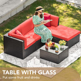 Devoko 5 Pieces Patio Furniture Sets All Weathevr Outdoor Sectional Patio Sofa Manual Weaving Wicker Rattan Patio Seating Sofas with Cushion and Glass Table (Red) Devoko