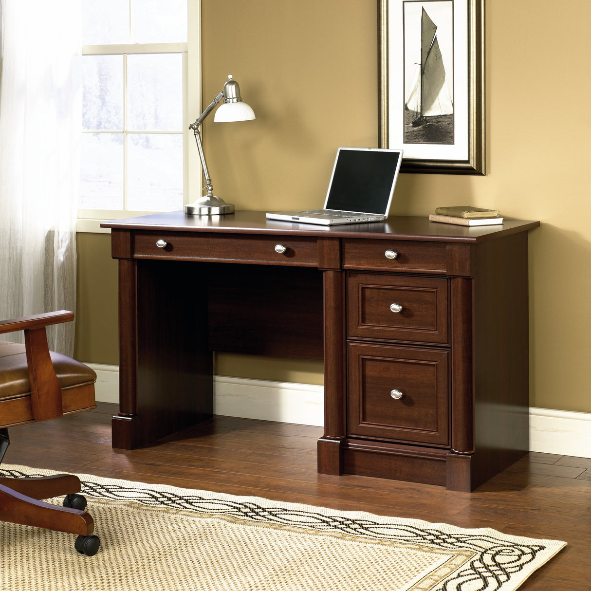 Sauder Palladia Computer Desk with Drawers, Home Office Desk with File Cabinet Storage Drawer, Cable Management, Keyboard Tray, in Select Cherry Finish Sauder