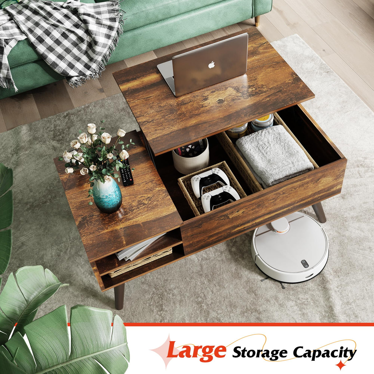 WLIVE Coffee Table for Living Room, Lift Top Coffee Table with Storage,Small Modern Living Room Table with Adjustable Shelf and Storage CompartmentWood, Rustic Brown WLIVE