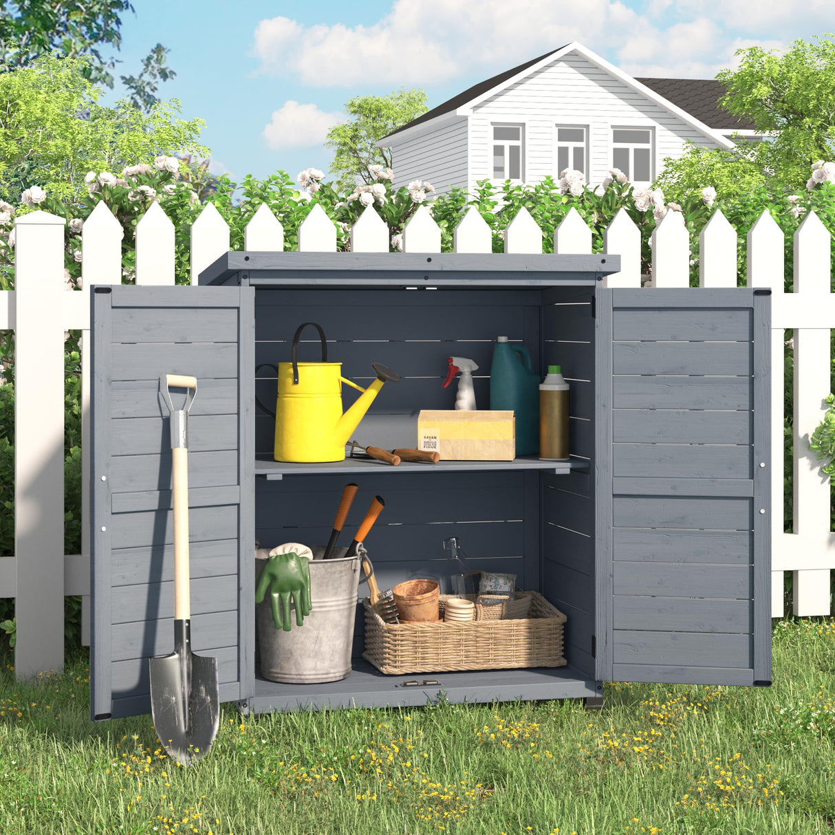 AECOJOY Outdoor Storage Cabinet, Solid Wood Planting Work Bench, Garden Potting Bench Table with Metal Tabletop and Adjustable Shelves, Grey AECOJOY