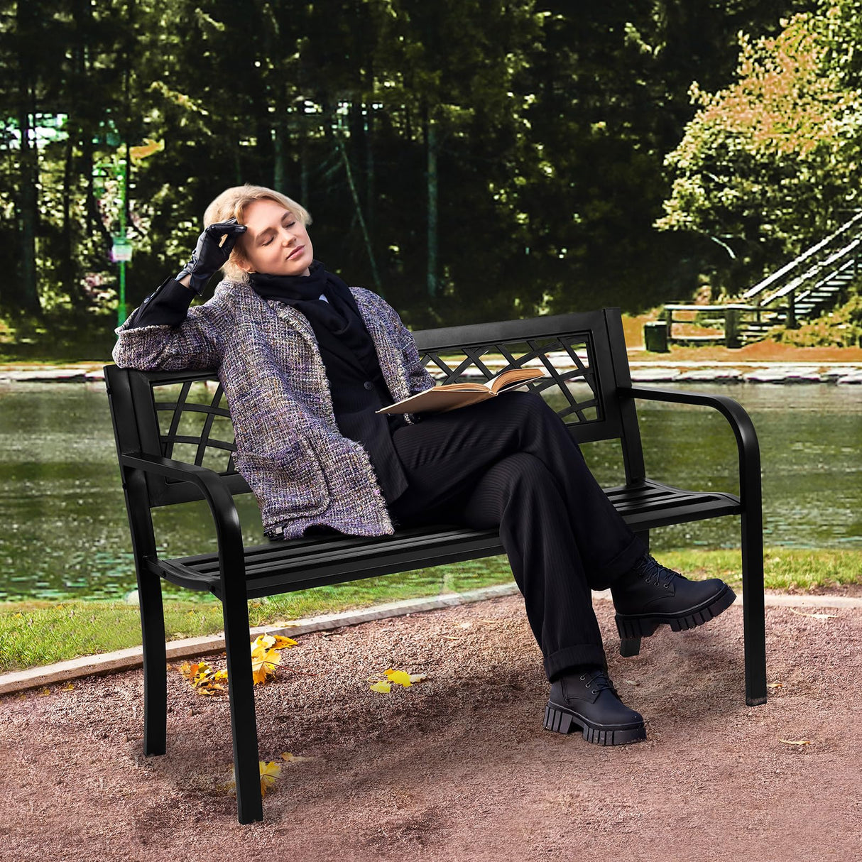 VEVOR Outdoor Bench, 46" Iron Steel Frame Garden Park Bench with Mesh Pattern and Plastic Backrest Armrests, Patio Bench for Garden, Park, Yard, Front Porch VEVOR