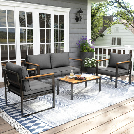 UDPATIO Metal Outdoor Patio Furniture Set, Modern Outdoor Conversation Furniture Sets w/Coffee Table, Sectional Furniture with Thick, Washable and High-Resiliency Sponge Cushions, Deep Grey, 4 PCS UDPATIO