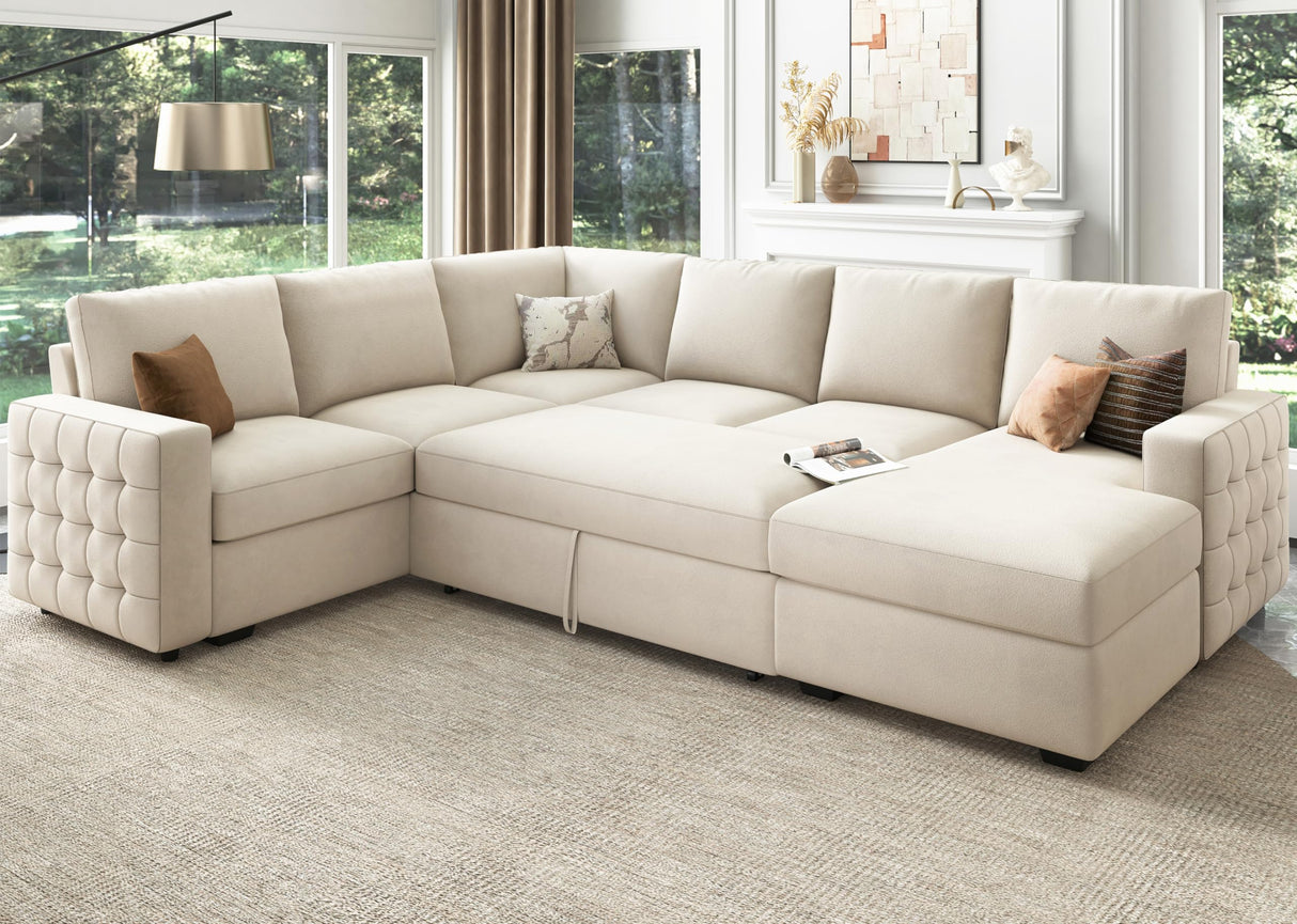 HONBAY Sectional Couch with Pull Out Bed, Sectional Sleeper Sofa with Storage, U Shape Sectional Couches for Living Room,Velvet Beige HONBAY