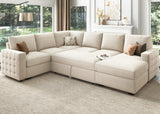 HONBAY Sectional Couch with Pull Out Bed, Sectional Sleeper Sofa with Storage, U Shape Sectional Couches for Living Room,Velvet Beige HONBAY