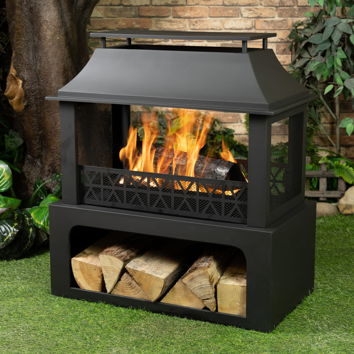 Deko Living 36" Rectangular Steel Outdoor Wood Burning Fireplace - Outdoor Fireplace with Adjustable Cooking Grill & Log Storage Compartment - Camping Fire Place with Safety Screen and Poker Deko Living
