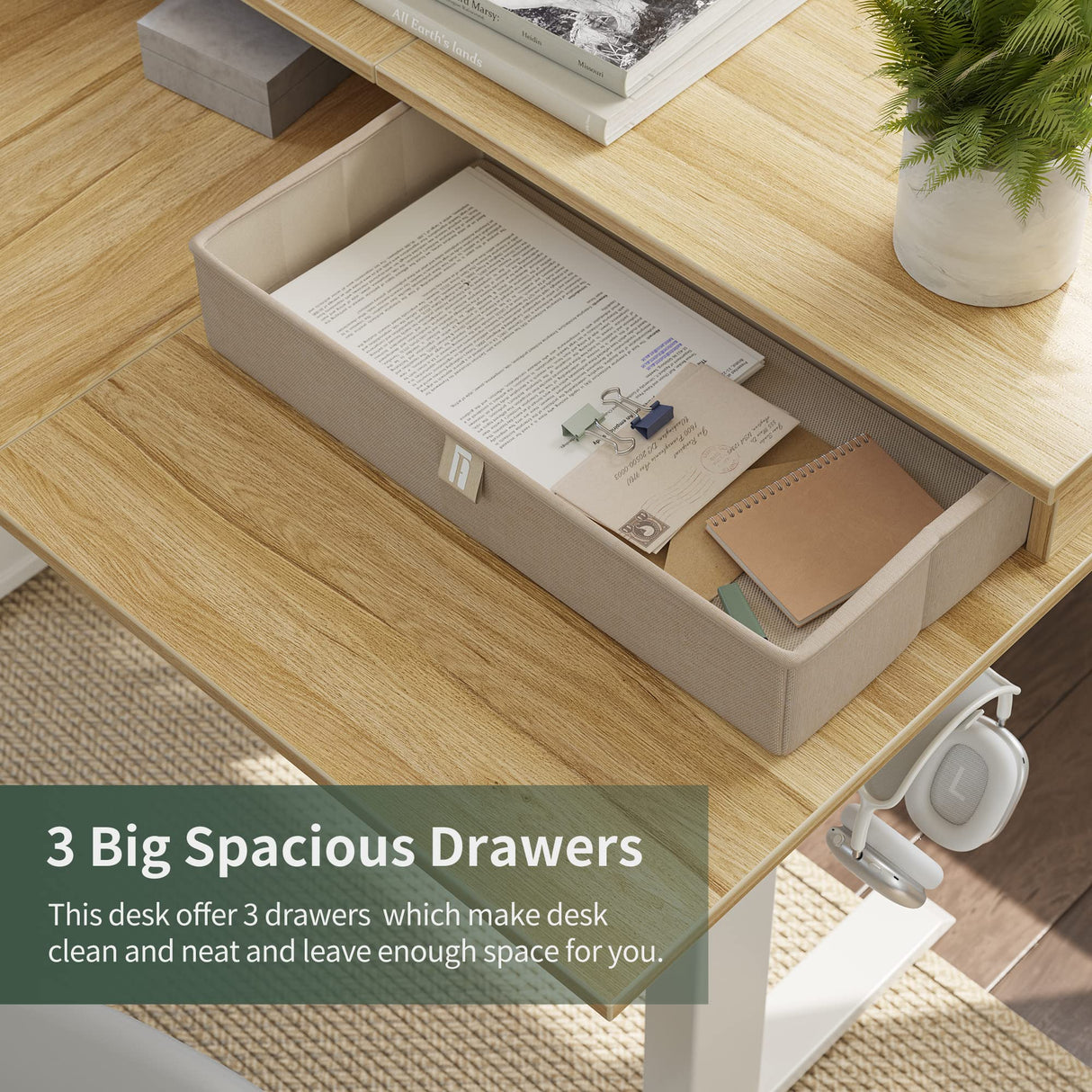 FEZIBO Triple Motor 63" L Shaped Standing Desk with 3 Drawers, Electric Standing Desk Adjustable Height, Corner Stand up Desk with Splice Board, White Frame/Natural Top FEZIBO