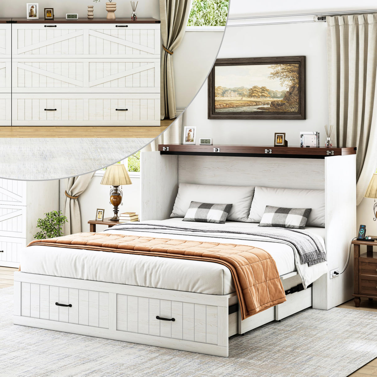 DalyLuxa Queen Size Multi-Functional Murphy Cabinet Bed with Charging Station, Farmhouse Queen Size Bed Frame with Drawer, Hidden Folding Murphy Bed Chest for Bedroom, Rustic White DalyLuxa