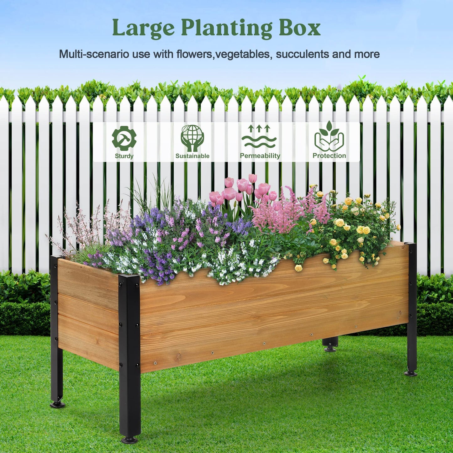 OIPRTGFJ Wood Rectangular Garden Planter Box Raised Bed Outdoor,Planters for Outdoor Plants 37x13x15in Elevated Herbs Vegetables Flowers Great Patio Deck Balcony