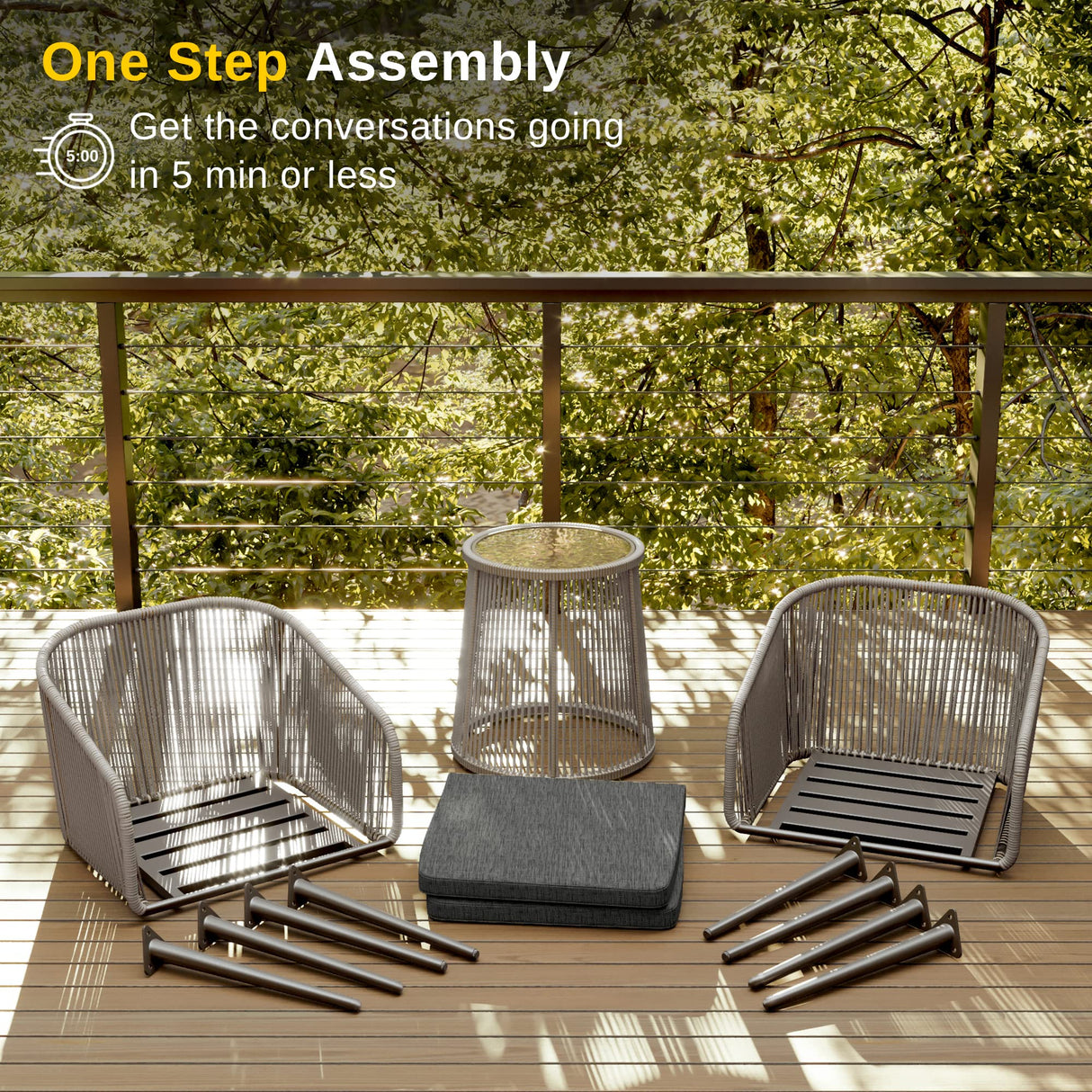 EAST OAK Breezeway Patio Furniture Set, 3-Piece Outside Bistro Set Handwoven Rattan Wicker Chairs with Waterproof Cushions, Tempered Glass Table, Outdoor Conversation Set, Light Grey & Dark Grey EAST OAK