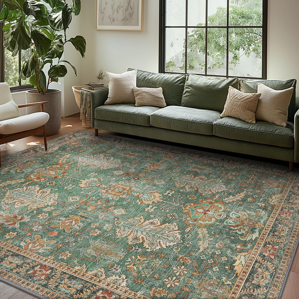 Bavni Washable Area Rugs 8x10 Green Boho Rug Tumble Vintage Large Carpet for Living Room Bedroom Dining Room, Non Slip Thin Low Pile Chenille, Dark Sage/Gold Bavni