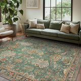 Bavni Washable Area Rugs 8x10 Green Boho Rug Tumble Vintage Large Carpet for Living Room Bedroom Dining Room, Non Slip Thin Low Pile Chenille, Dark Sage/Gold Bavni