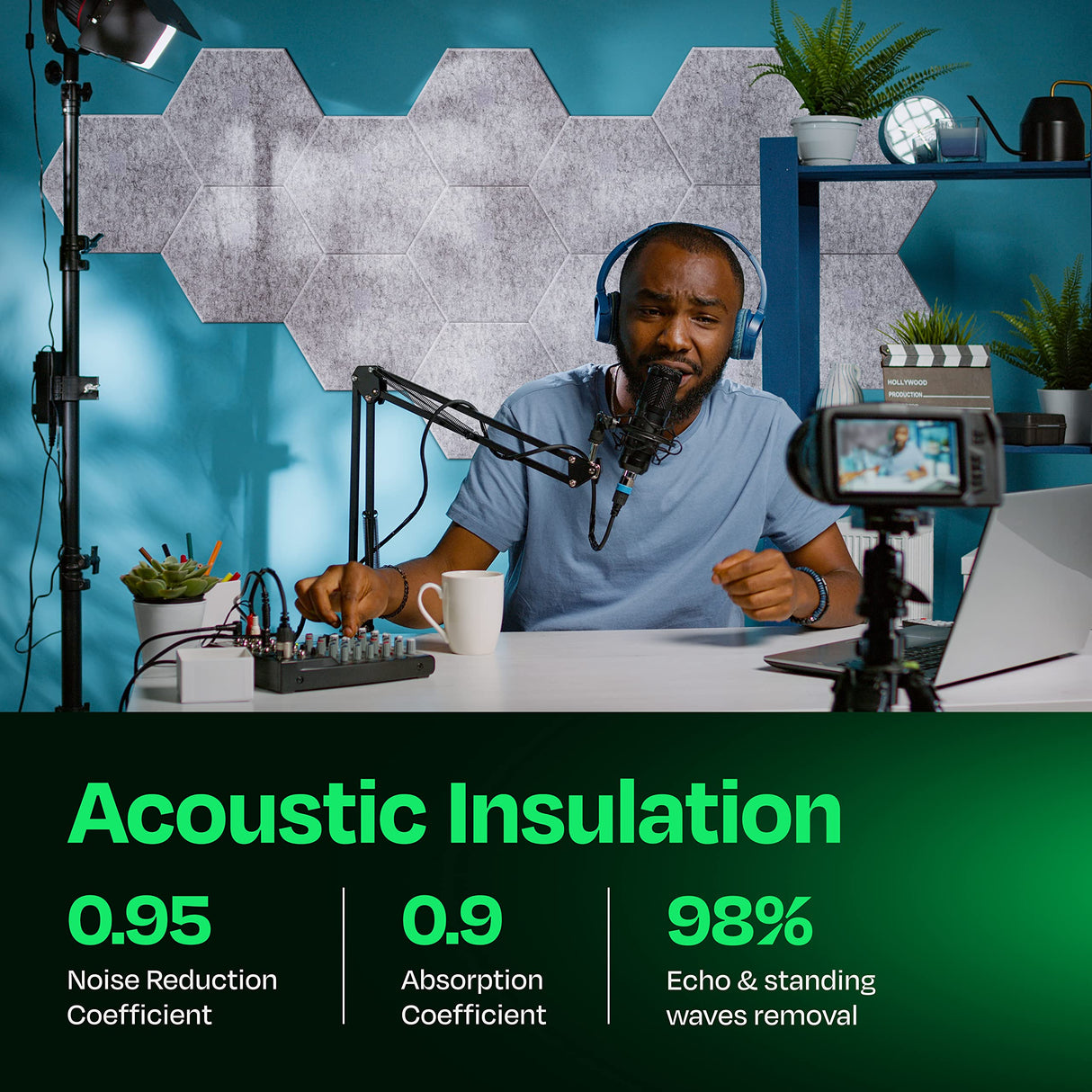 Ekkogo Acoustic Panels 12-Pack Soundproof Wall Panels 14"X12.1"X0.4" Sound Panels High Density Sound Dampening Panels - [Smoky White Hexagon] Ekkogo