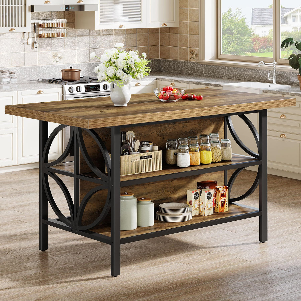 Tribesigns Kitchen Island with Storage, 62.99-Inch Kitchen Island Table with 2 Shelves and Large Worktop, Industrial Bar Table, Easy to Assemble, Rustic Brown (Stools Not Included) Tribesigns