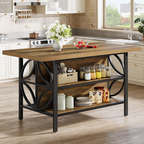Tribesigns Kitchen Island with Storage, 62.99-Inch Kitchen Island Table with 2 Shelves and Large Worktop, Industrial Bar Table, Easy to Assemble, Rustic Brown (Stools Not Included) Tribesigns