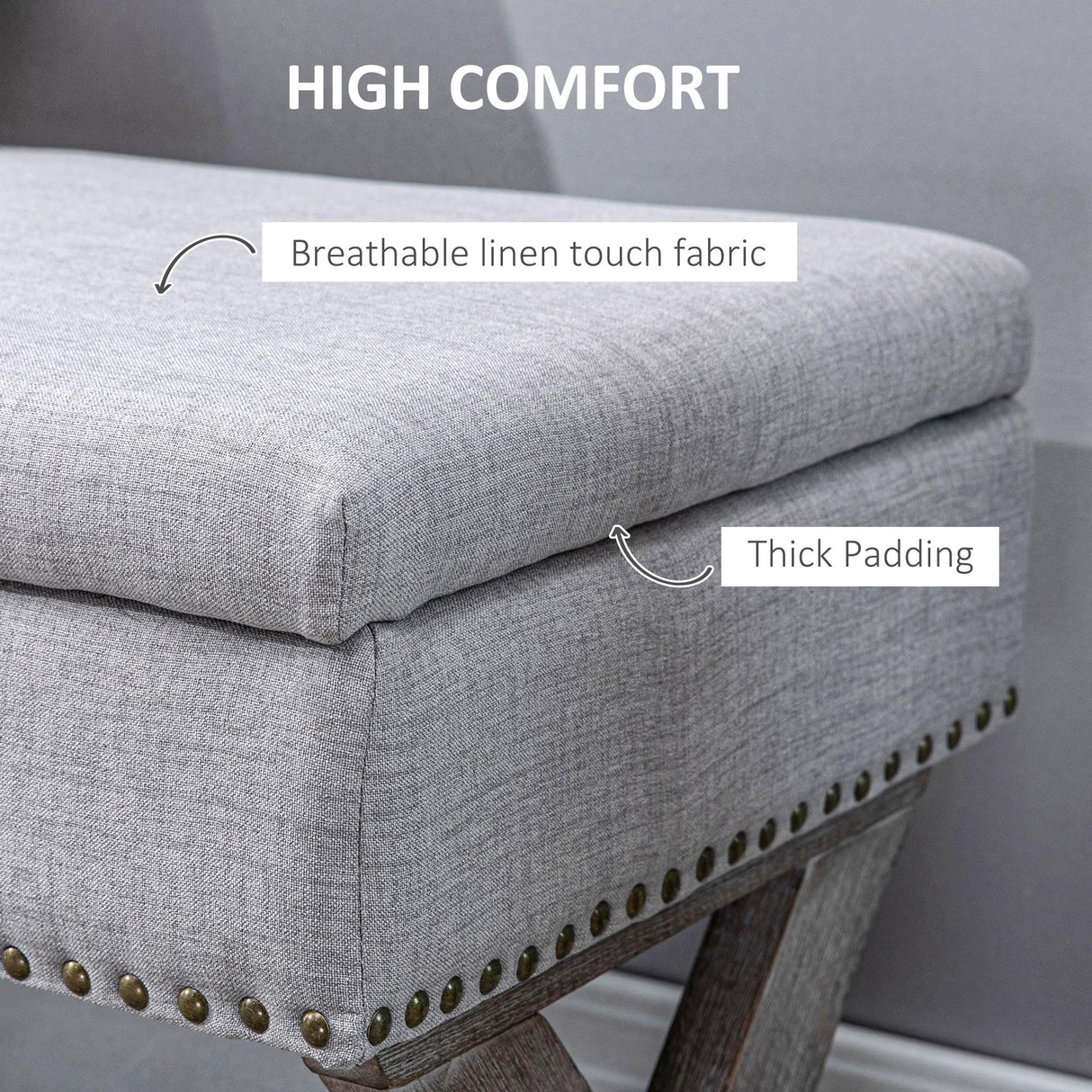 HOMCOM 35.75" Storage Ottoman, Upholstered Storage Bench with Hidden Space, Nailhead Trim and X-Shaped Wood Legs, for Living Room, Entryway, Bedroom, Grey HOMCOM