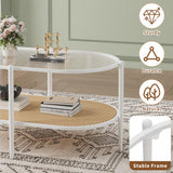 Boho Rattan Coffee Table with Glass Top, 2-Tier Oval Center Table with Metal Frame & Storage Shelf, Rustic Farmhouse Living Room Accent Tea Table for Apartment, Bedroom, Office White IDEALHOUSE