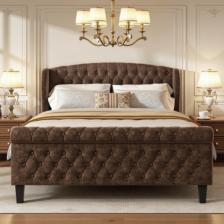 BedsPick Sleigh Queen Bed Frame with Wingback Headboard, Chenille Upholstered Bed Frame Queen Size with Button Tufted Scroll Footboard, Wood Slats Support/No Noise/Easy Assembly/No Box Spring Needed BedsPick