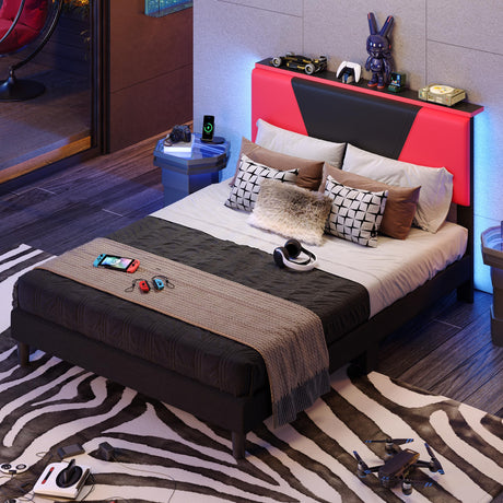 Bestier Queen Bed Frame with Headboard and LED Light, Faux Leather Upholstered Platform Bed with Storage Shelf, Gaming Style Bed Base, Wood Slat Support, Never Squeaks, No Box Spring(Black-Red) Bestier
