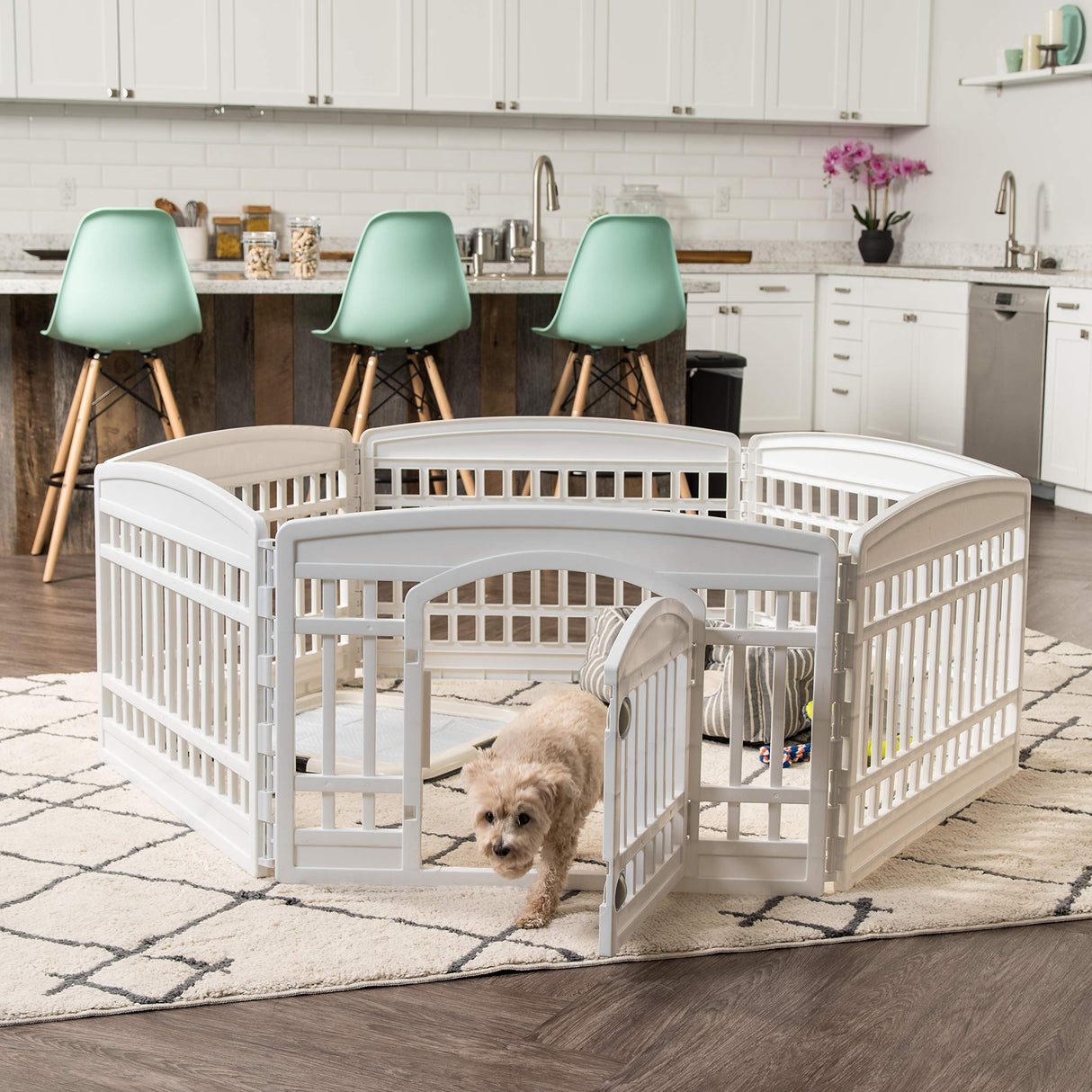 IRIS USA 24" 6-Panel Pet Playpen with Door, Dog Playpen For Puppy Small Dogs Keep Pets Secure Easy Assemble Easy Storing Customizable Non-Skid Rubber Feet, White IRIS