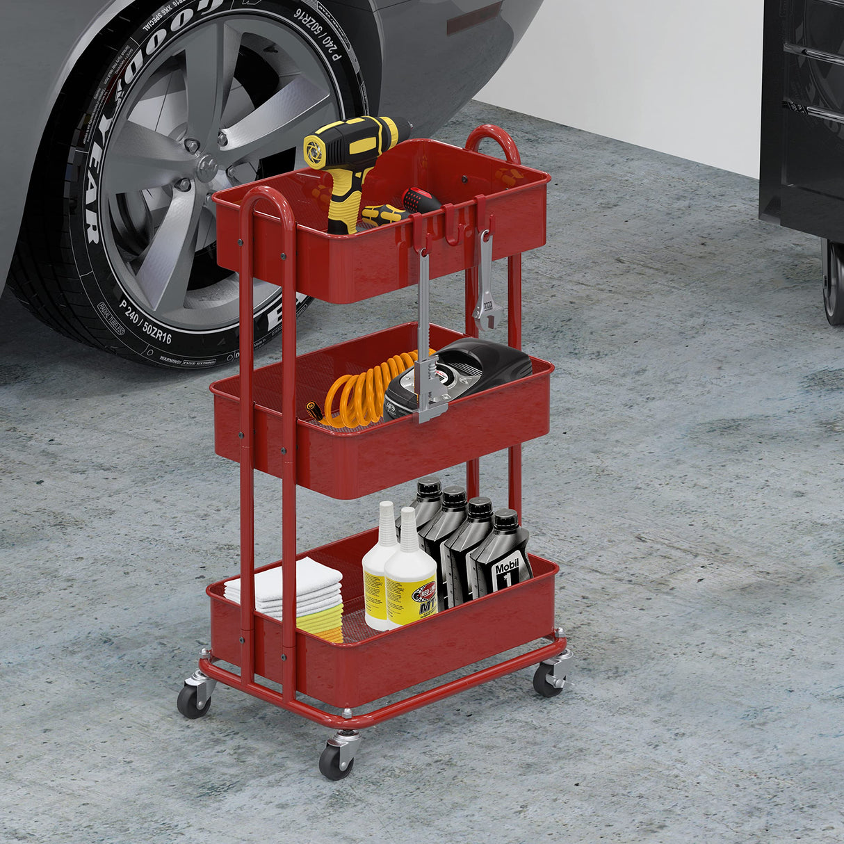 Simple Houseware Heavy Duty 3-Tier Metal Utility Rolling Cart, Red Simple Houseware