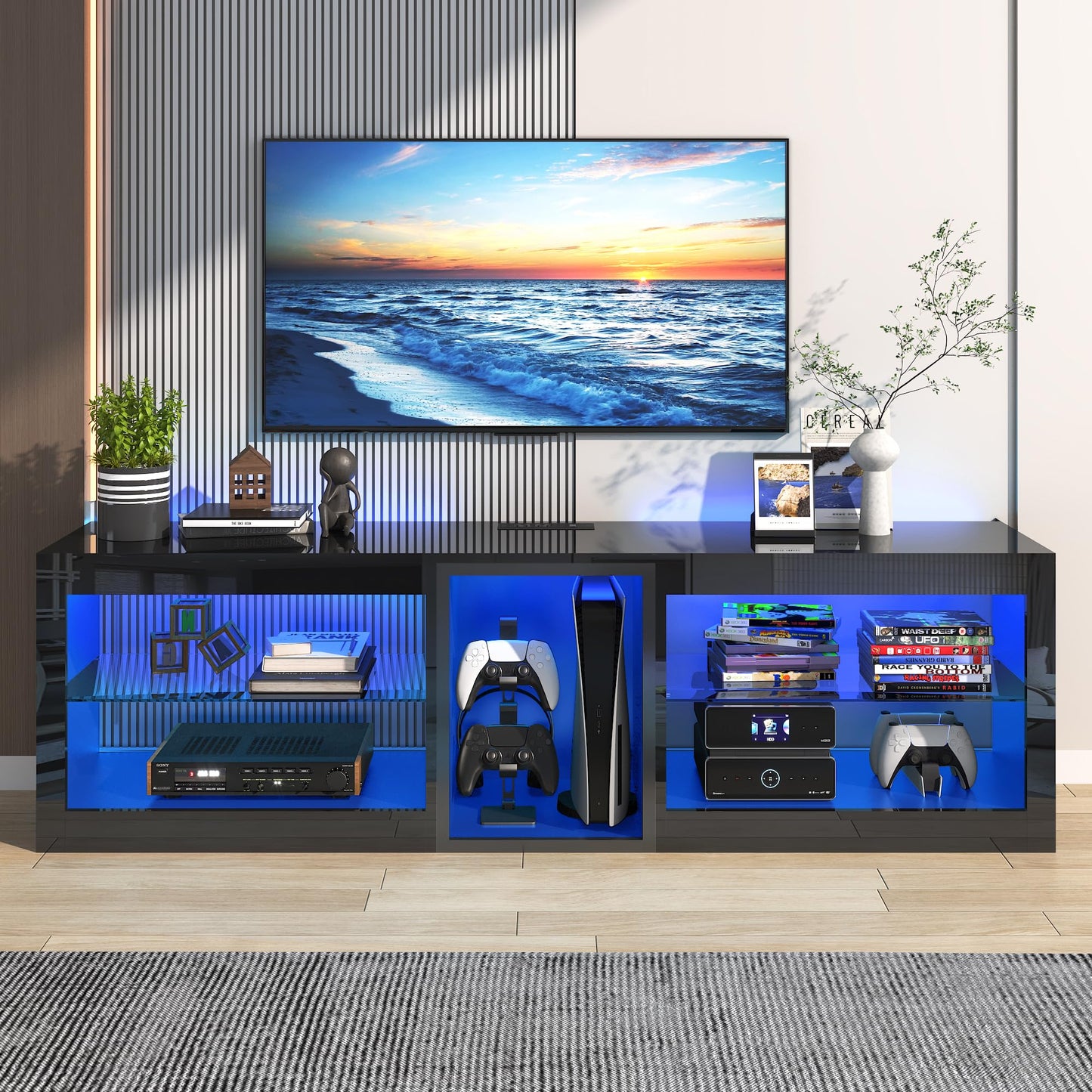 Vinctik 6&Fox LED TV Stands w/60,000-Colors Lights&6.5ft Power Outlet for 55 60 65 70inch TV,Modern High Gloss LED Black Entertainment Center w/Adjustable Shelves for Living Room Gameroom/Bed - WoodArtSupply