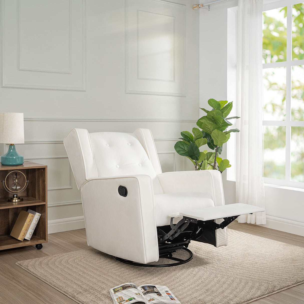 Naomi Home Odelia Swivel Rocker Recliner Glider, Bright White - Ergonomic Nursing Chair with Footrest for Soothing Comfort in Compact Spaces Naomi Home