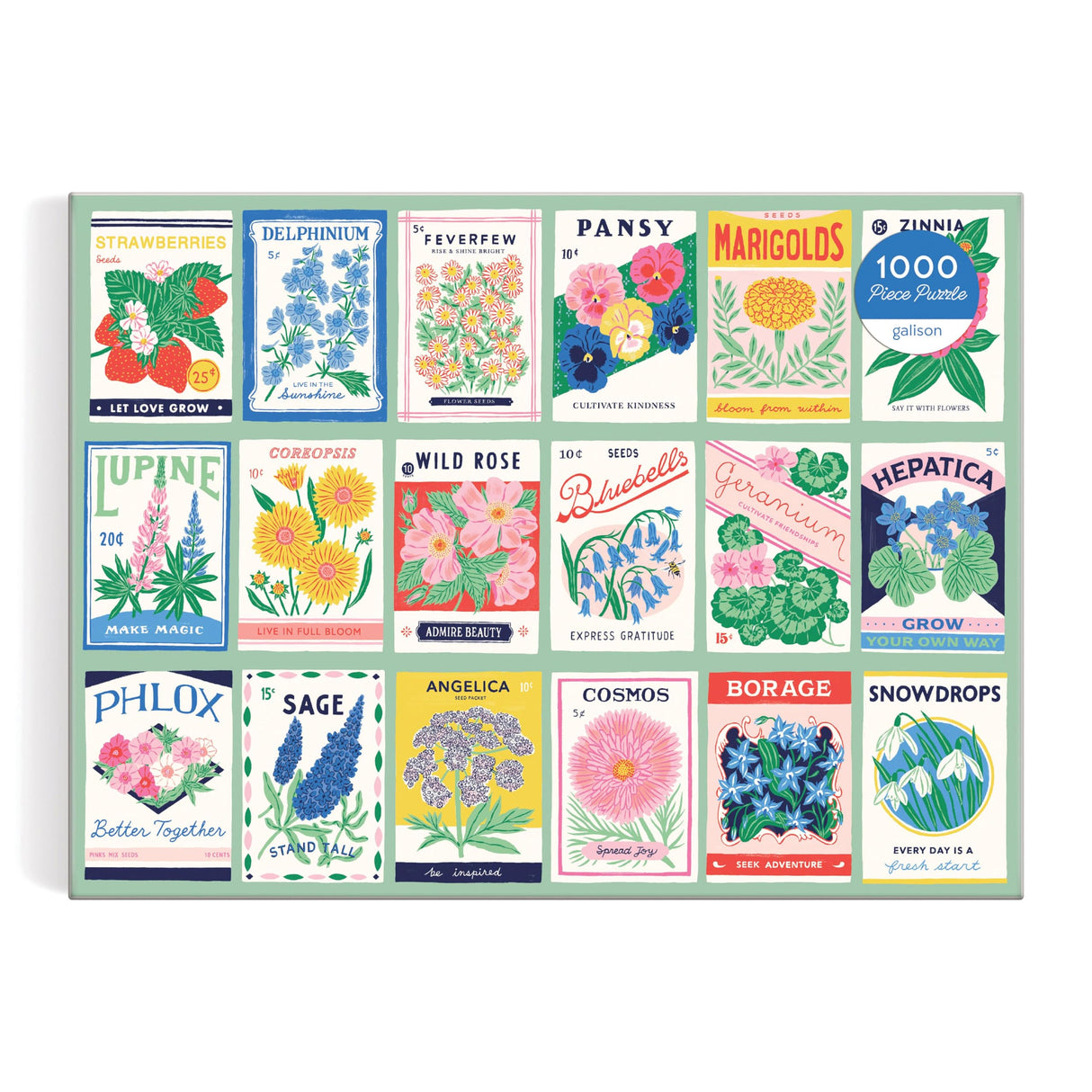 Galison Ever Upward – 1000 Piece Puzzle Fun and Challenging Activity with Bright and Bold Artwork of Vintage Style Flower Seed Packets for Adults and Families Galison