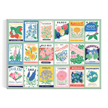 Galison Ever Upward – 1000 Piece Puzzle Fun and Challenging Activity with Bright and Bold Artwork of Vintage Style Flower Seed Packets for Adults and Families Galison