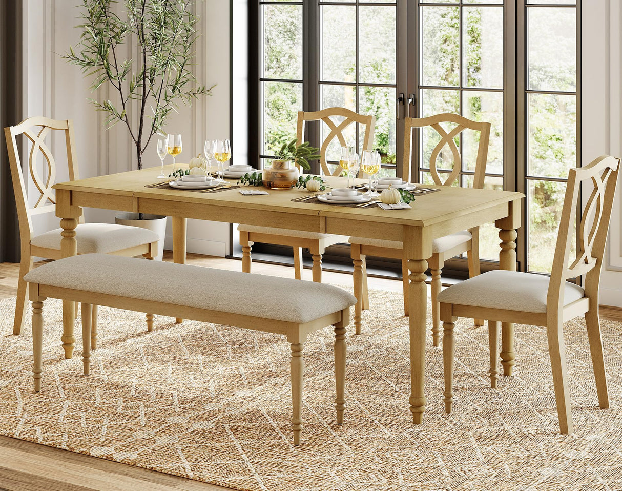 WAMPAT 6 Piece Dining Table Set, Wooden Rectangular Table for 6-8, 4 Dining Chairs with Cross-Back, Upholstered Bench with Rubber Wood Legs, Kitchen Table with Chairs for Dining Room, Oak WAMPAT