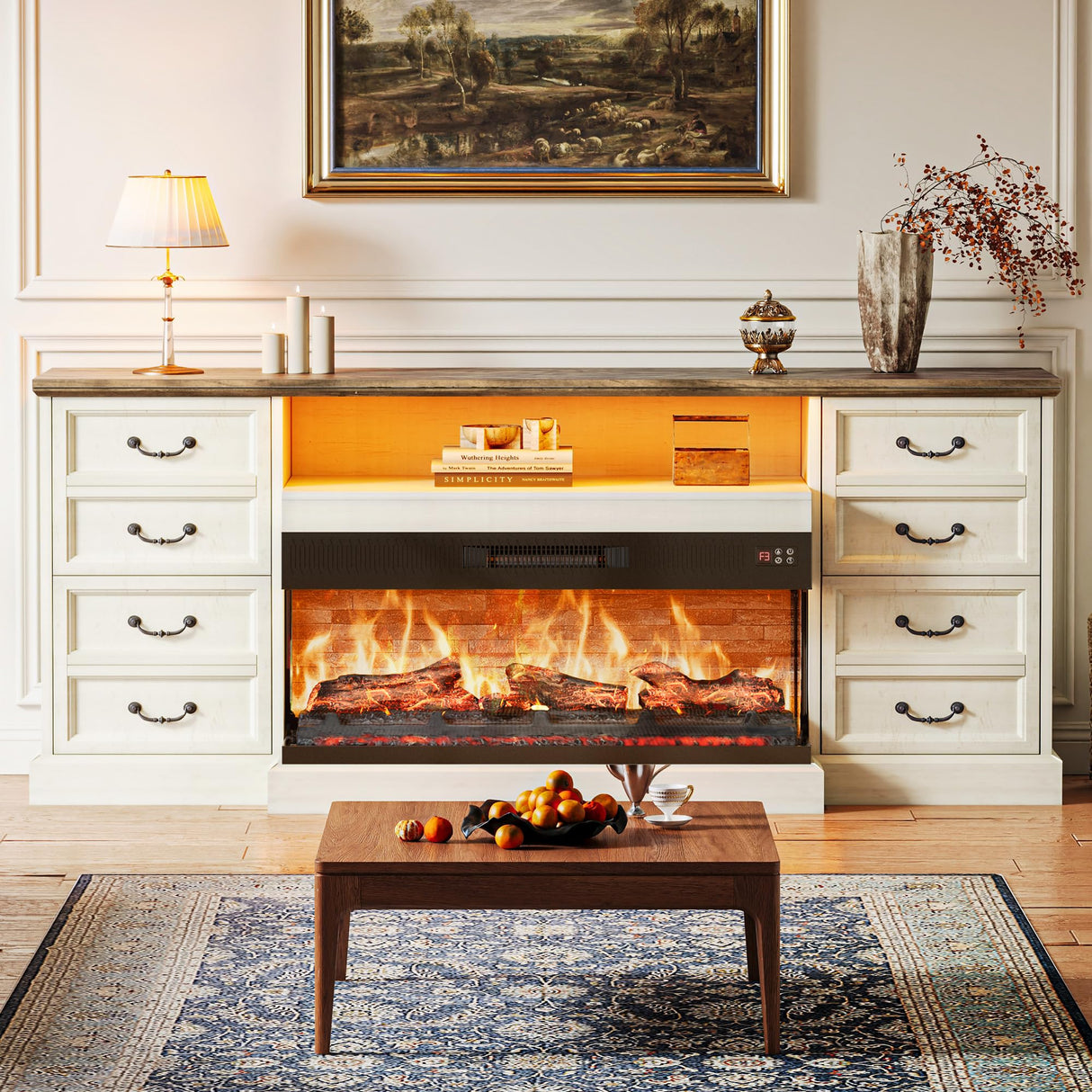 Huuger Fireplace TV Stand with LED Lights for 75 80 Inch TV, 3-Side Glass Fireplace Entertainment Center, 70 Inch Farmhouse TV Stand with 4 Deep Drawers for Living Room, Distressed White Huuger