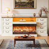 Huuger Fireplace TV Stand with LED Lights for 75 80 Inch TV, 3-Side Glass Fireplace Entertainment Center, 70 Inch Farmhouse TV Stand with 4 Deep Drawers for Living Room, Distressed White Huuger