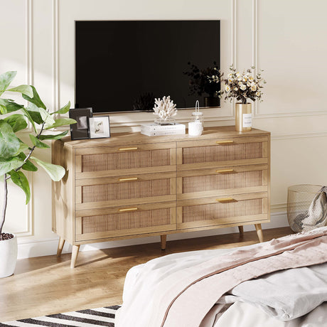 Rovaurx 6 Drawer Double Dresser for Bedroom, Rattan Chest of Dressers, Modern Wooden Dresser Chest with Golden Handles, Beside Table for Closet, Living Room and Entryway, Natural RDG001M Rovaurx