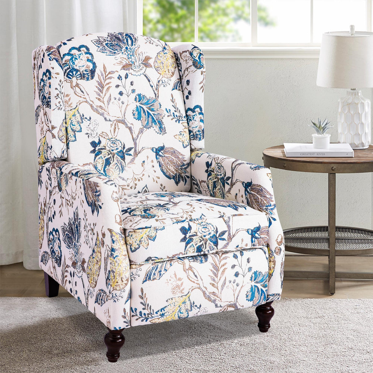 GUEAPY Mid Century Modern Wingback Recliner Chair for Adults, Push Back Upholstered Accent Chair with Floral Fabric, Manual Reclining Armchair for Living Room, Bedroom, Reading Corner (Blue Botanical) GUEAPY