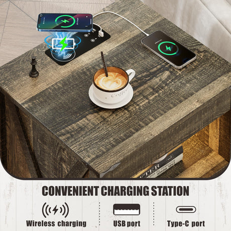 FREDEES Farmhouse Nightstand with Gun Drawer, End Table with Charging Station, LED Bedside Table with Human Sensor Light, Rattan Night Stand for Bedroom, Rustic Brown FREDEES