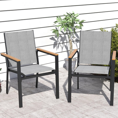 DWVO Stackable Patio Chairs Set of 2, All-Weather Patio Seating with Olefin Fabric and Faux Wood Armrests, Black & White Plaid Pattern DWVO