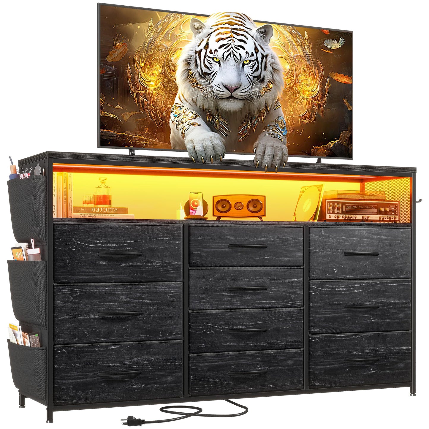 EnHomee Dresser TV Stand with 10 Drawers for 55" TV Stand for Bedroom with LED Lights & Power Outlets Wide Dresser for Bedroom with Shelves & Side Pockets Sturdy Metal Frame & Wood Top, Charc - WoodArtSupply