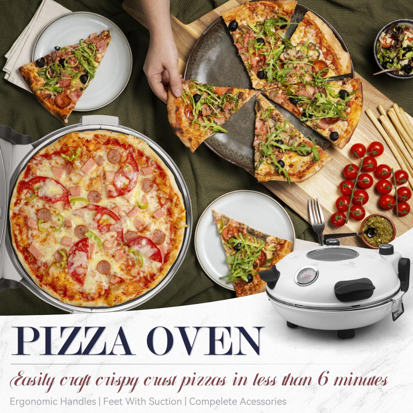 Baker’s Friend Electric Pizza Oven Indoor Countertop, 12 Inch Pizza Maker Machine for Home, Pizza Cooker & Pizza Grill, Premium Glazed Ceramic Stone Pizza Oven, Creamy White