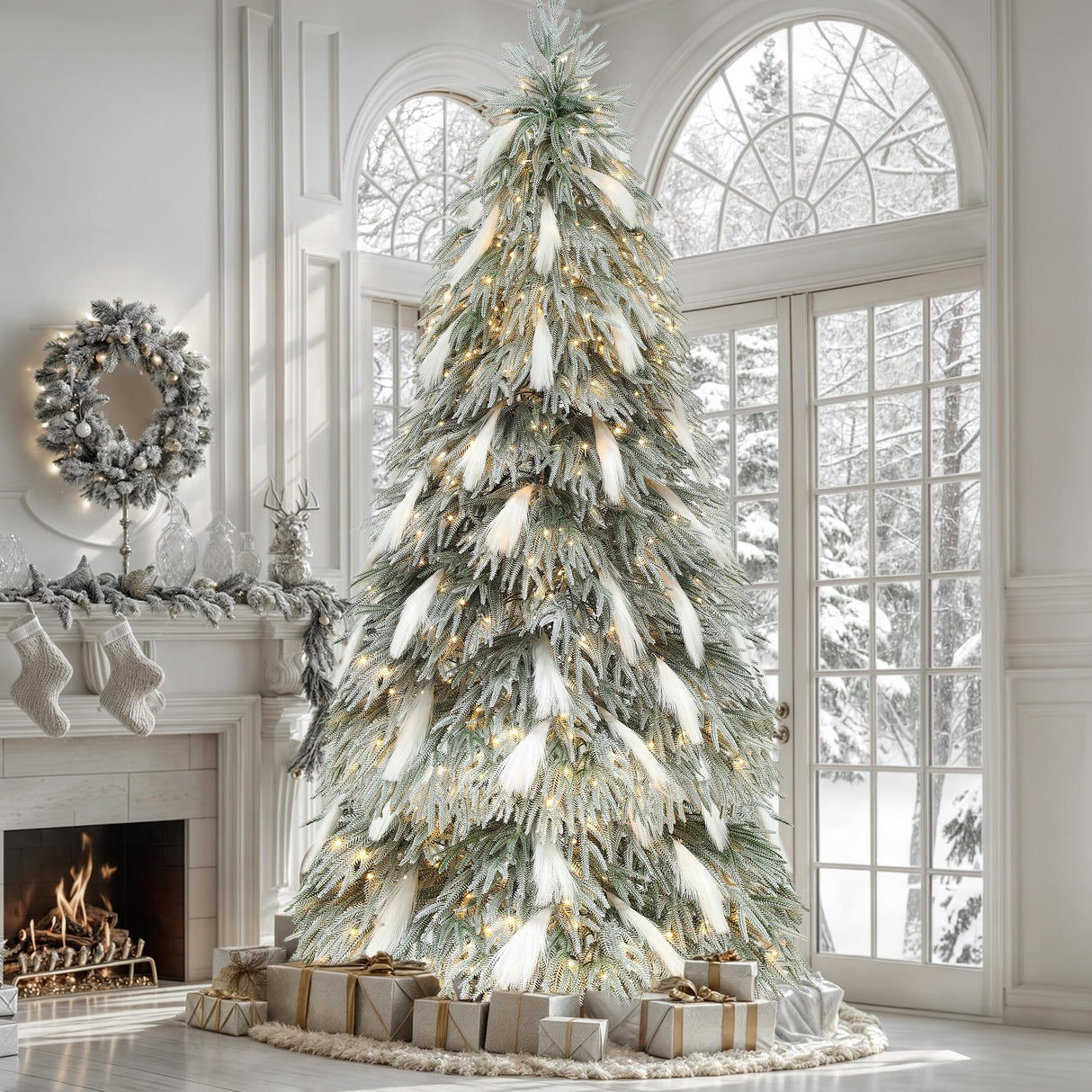 YITAHOME Pre-Lit Flocked Natural Drooping Pampas Christmas Tree, 6ft Snow Flocked Artificial Christmas Tree with 355 PE Branch Tips, 30 Feathers and 400 Lights for Home, Office, Party Decoration YITAHOME