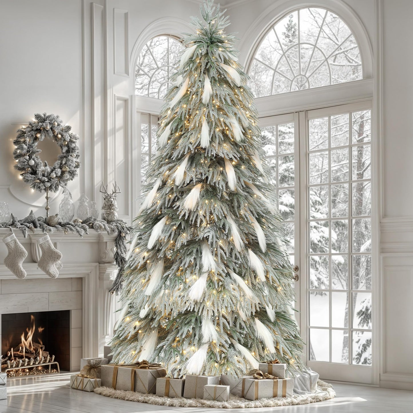 YITAHOME Pre-Lit Flocked Natural Drooping Pampas Christmas Tree, 6ft Snow Flocked Artificial Christmas Tree with 355 PE Branch Tips, 30 Feathers and 400 Lights for Home, Office, Party Decoration