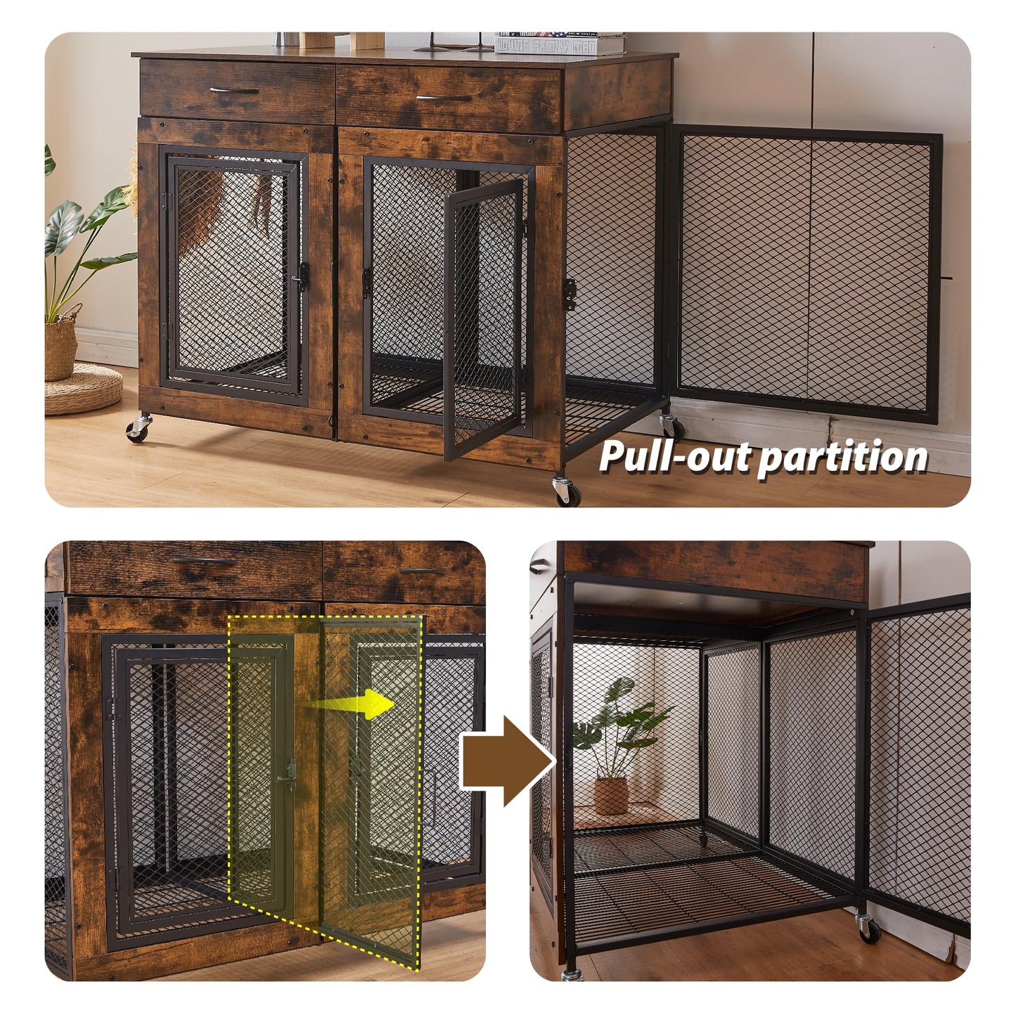 43" Large Dog Crate Furniture, Wood Dog Kennel End Table with Drawers, Decorative Pet Crate with Removable Partitions & Wheels, Dog House Indoor for Large/Medium/Small Dogs