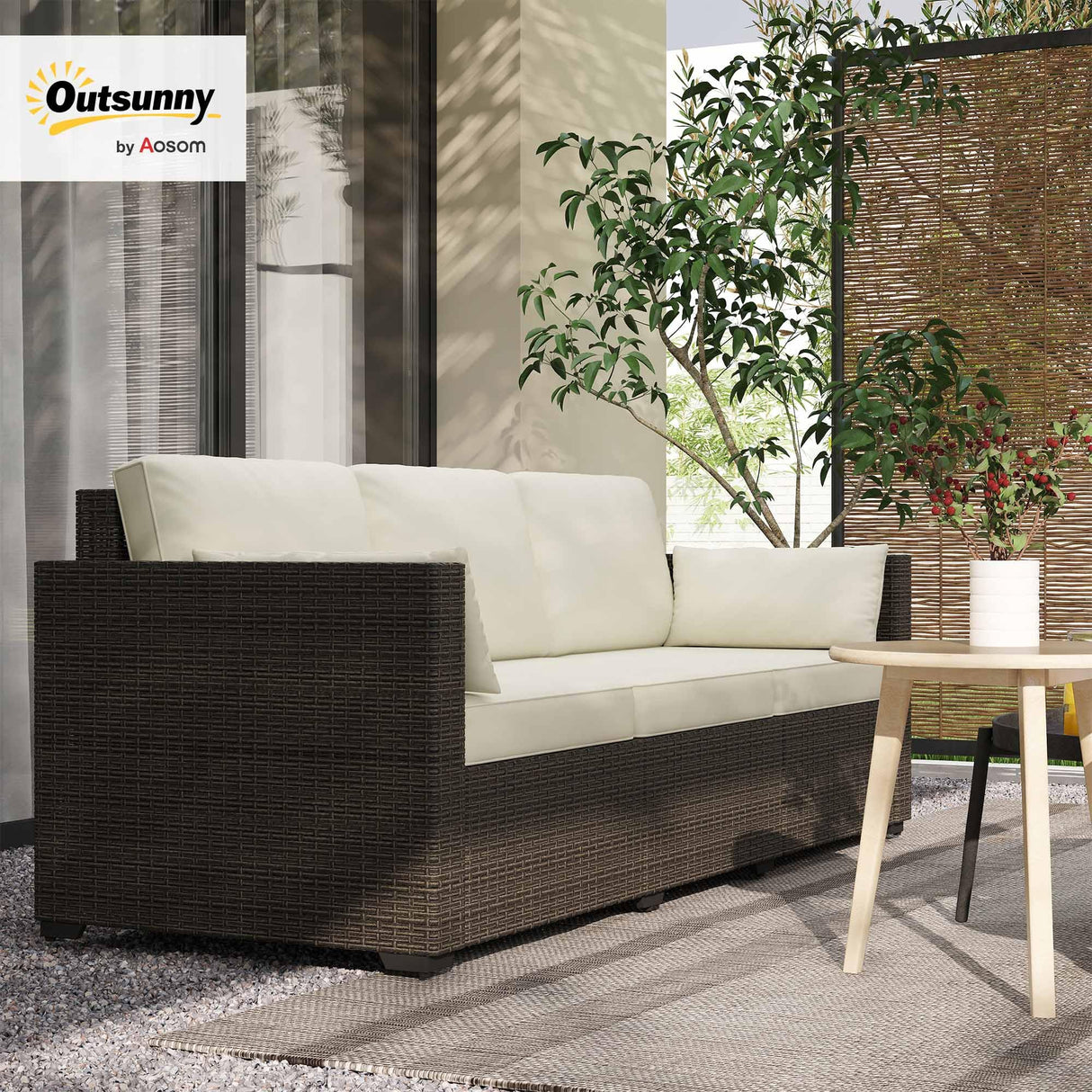 Outsunny Patio Couch PE Wicker Deep Seating Outdoor Sofa with Removable Cushions, 3 Seater Rattan Sofa, Outdoor Furniture for Balcony, Deck, Garden and Poolside, Cream White Outsunny