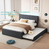 YOPTO Full Size Upholstered Platform Bed with Twin Size Trundle & USB Port,Linen Tufted Bed Frame W/Remote Control LED Light & Stripe Headboard,Wood Slats Support for Bedroom,Apartment,Dark Gray YOPTO