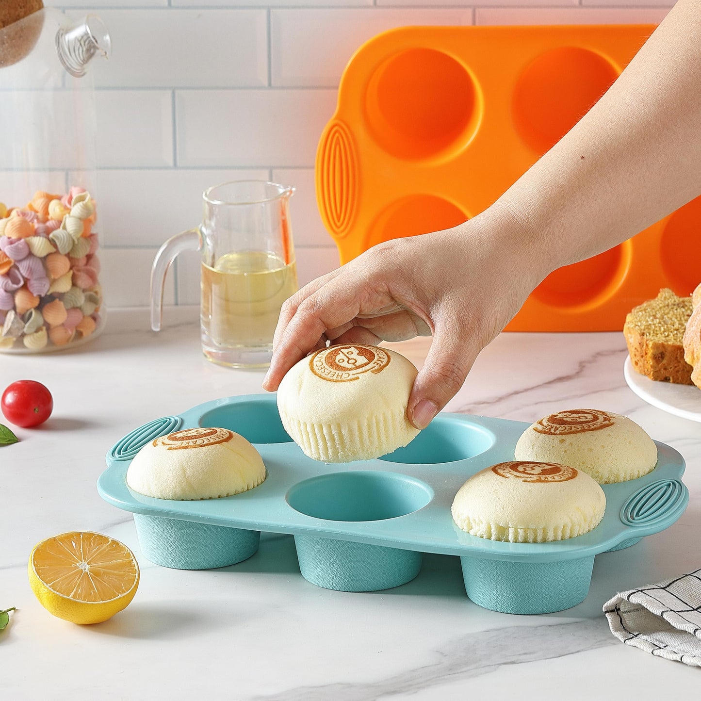 2PCS Silicone Muffin Cupcake Pan Molds, Ohola 6-Cavity Nonstick Silicone Muffin Pans for baking, Perfect for Cupcakes, Muffin, Brownies and More, BPA Free, 2 Pack (Orange and Peacock Blue)