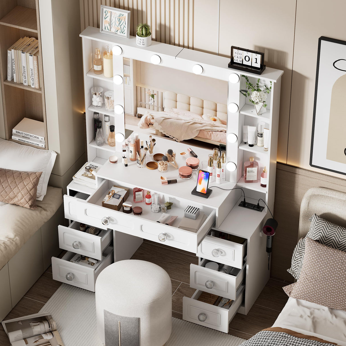 FURNJOYLIFE Farmhouse Makeup Vanity with Lighted Mirror & Charging Station, Vanity Desk Dresser Table with 3 Lighting Modes Brightness Adjustable,Drawers,Shelves,Hair Dryer Stand for Bedroom,White FURNJOYLIFE